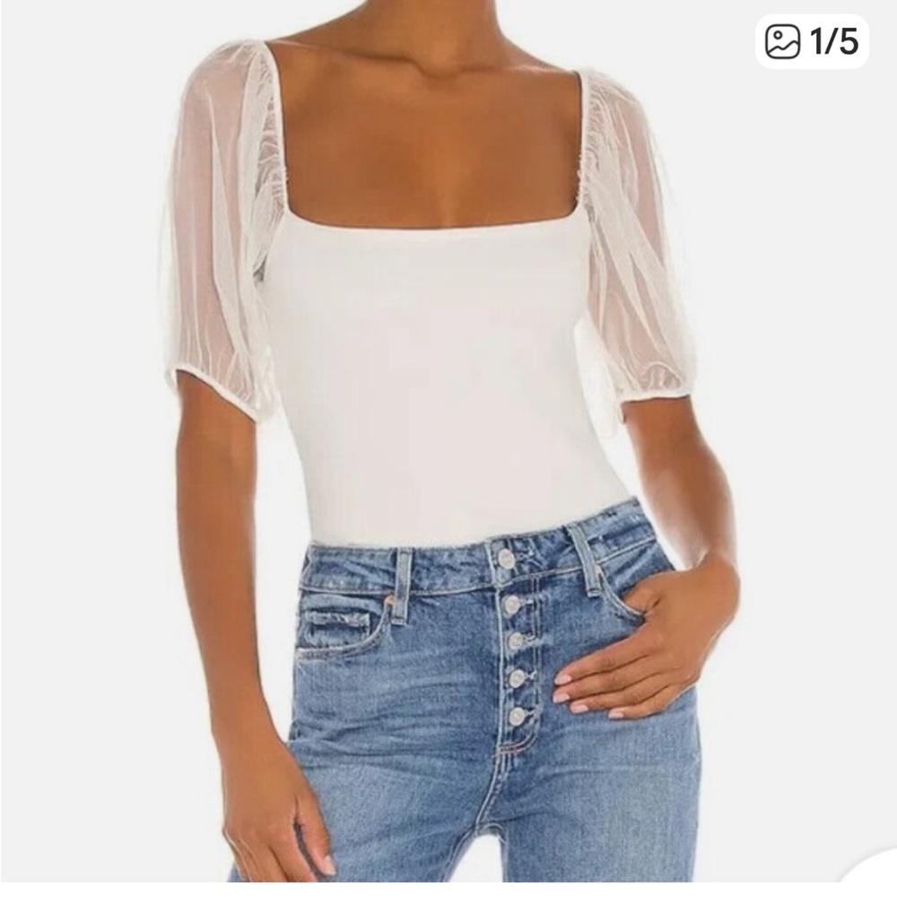 Free People Ivory Puff Sleeve Square Neck Top